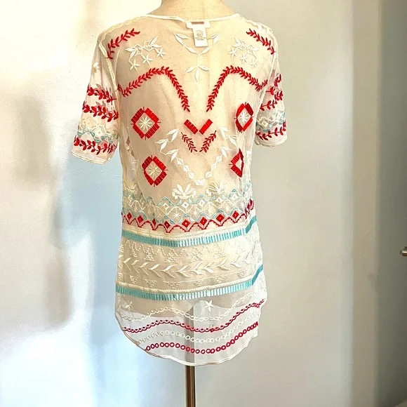 Sundance, Sheer Embroidered Boho Tunic Blouse Southwestern Folk Art Top Size Sm - Picture 6 of 11